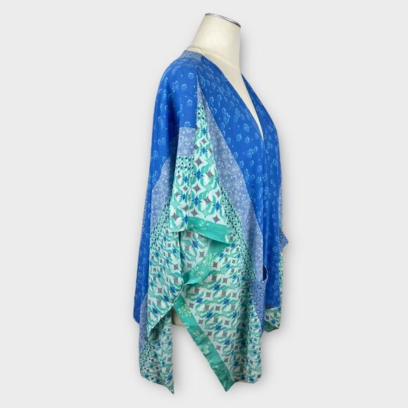 Susan Graver Patchwork Kimono Topper Blouse Large Blue Green Pockets - Picture 2 of 7